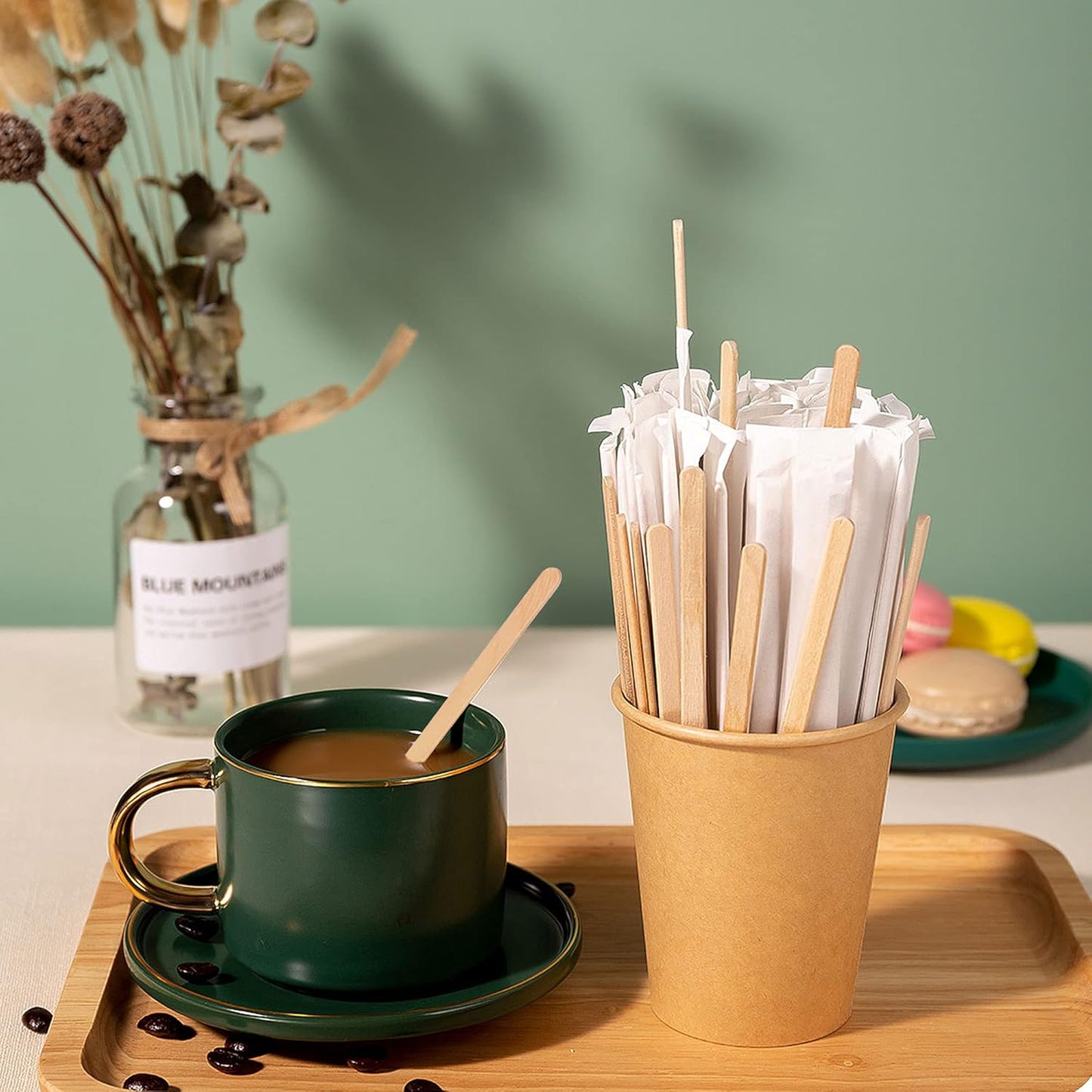 5.5 Inches Wooden Coffee Stirrers Disposable Wood Coffee Stir 1000 Pcs Individually Paper Wrapped Wooden Coffee Stir Sticks Disposable Coffee Stirrers (5.5 Inches/140Mm,1000Pcs)
