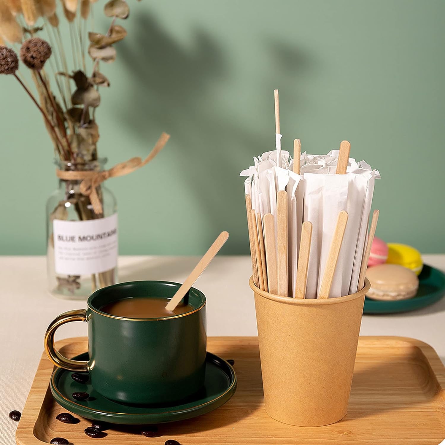 5.5 Inches Wooden Coffee Stirrers Disposable Wood Coffee Stir 1000 Pcs Individually Paper Wrapped Wooden Coffee Stir Sticks Disposable Coffee Stirrers (5.5 Inches/140Mm,1000Pcs)