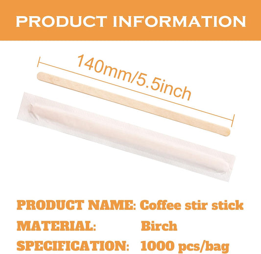 5.5 Inches Wooden Coffee Stirrers Disposable Wood Coffee Stir 1000 Pcs Individually Paper Wrapped Wooden Coffee Stir Sticks Disposable Coffee Stirrers (5.5 Inches/140Mm,1000Pcs)